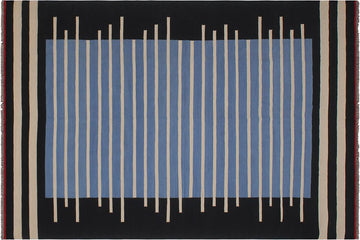 Flat Weave Kilim, Antique, Navaho, Vintage, Handmade, Modern Kilim Blue Black Hand-Woven Rectangle 100% Wool Area Rug 7 x 10